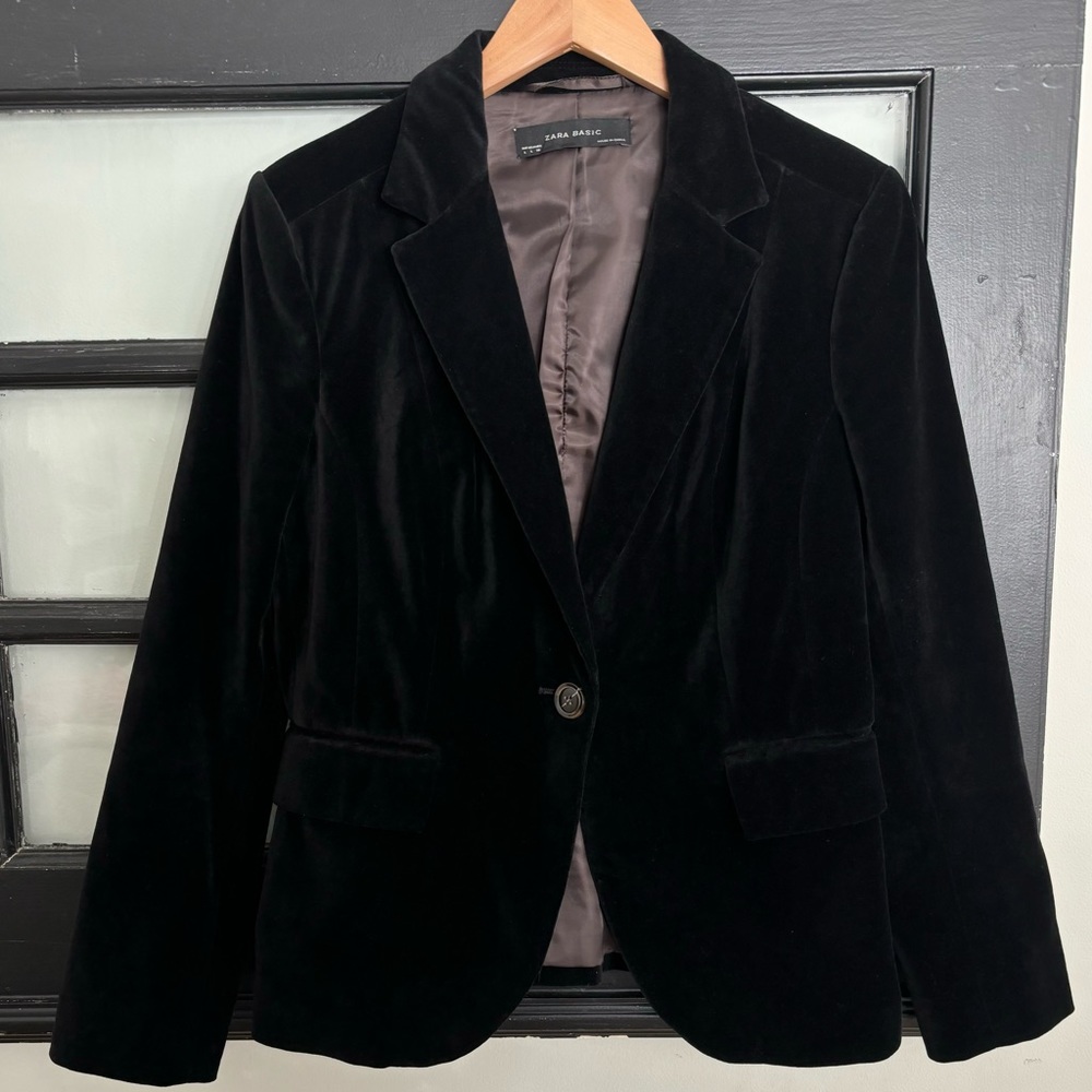 ZARA Velvet Velour Blazer Single Button Closure Black Casual Career Size Large